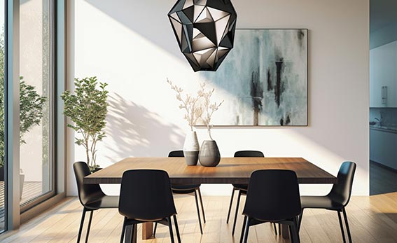 pendentif noir accroché au-dessus de la table dans la salle à manger moderne, dans le style low poly, aluminium, illustrateur architectural, sfumato lumineux, finement détaillé, style scandinave du 20ème siècle,